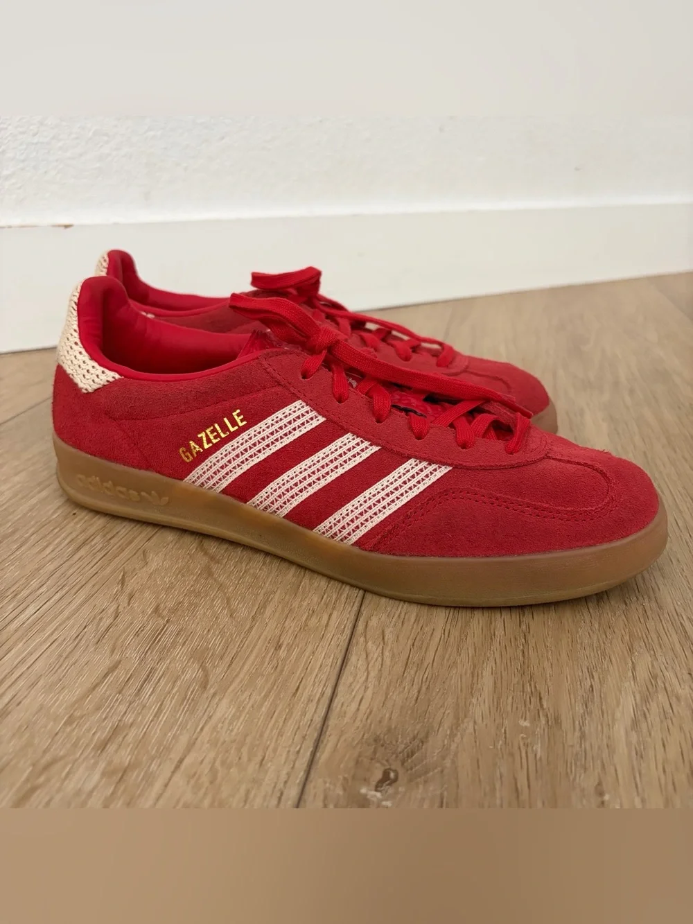 adidas Gazelle Red Suede Sneakers with Cream Stripes and Gum Sole - Picture 3 of 8